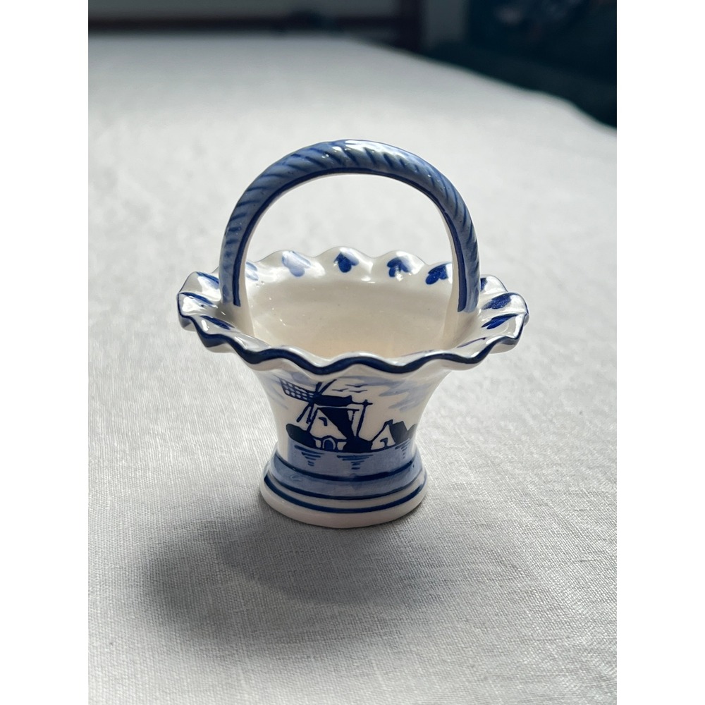 Vintage Delft Blue White Miniature Basket Dutch Windmill Folk Art Ceramic Decor